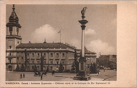 pocztówka przestawiająca przedwojenny plac Zamkowy w Warszawie